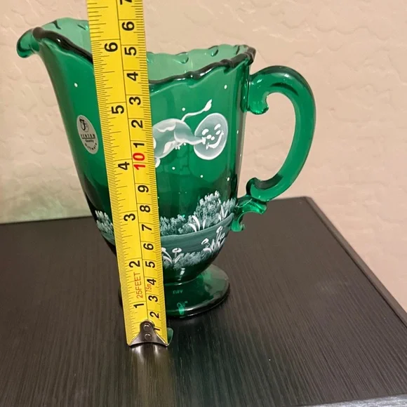 Fenton Green Glass Pitcher with Whimsical White Design - Picture 9 of 10